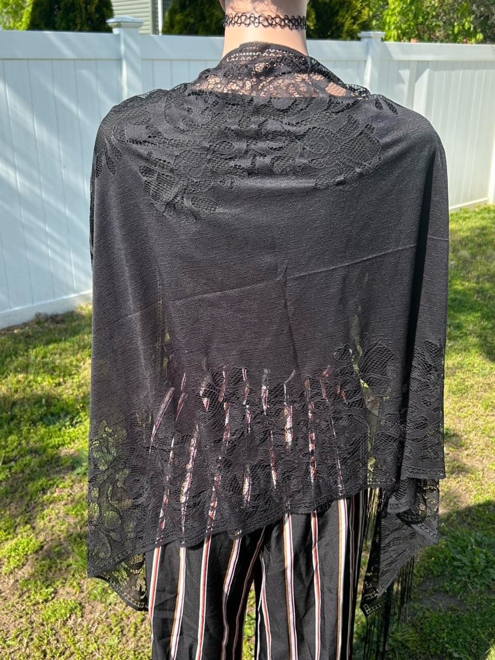 Black lace shawl with fringe , Ladies Gothic Sexy Fishnet Bodysuit ,  Punk Lace